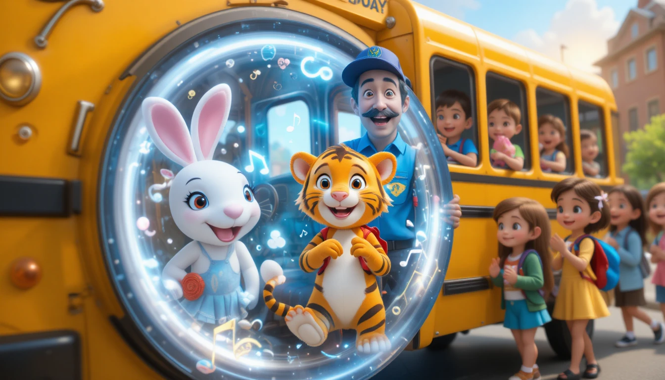 Bus scolaire souriant avec conducteur et amis animaux