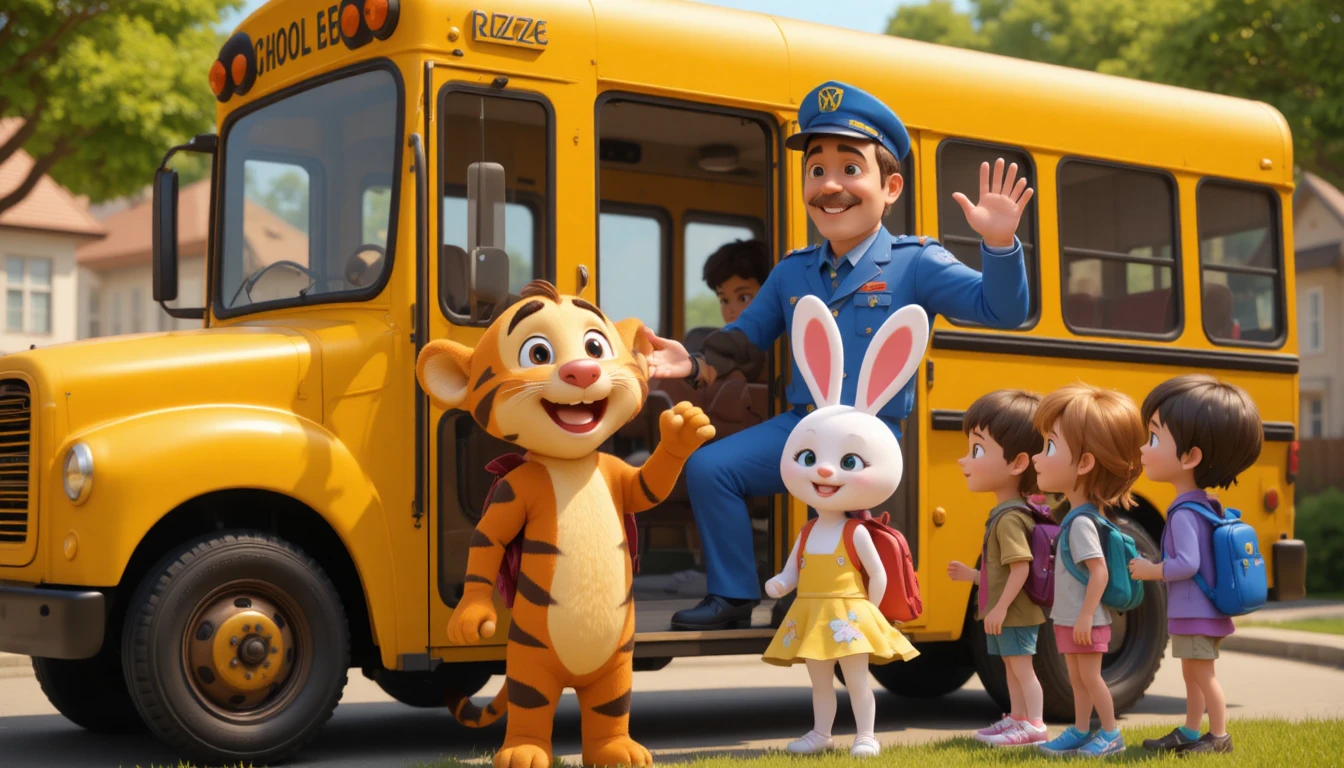 Bus scolaire 3D souriant saluant des enfants dans une rue ensoleillée