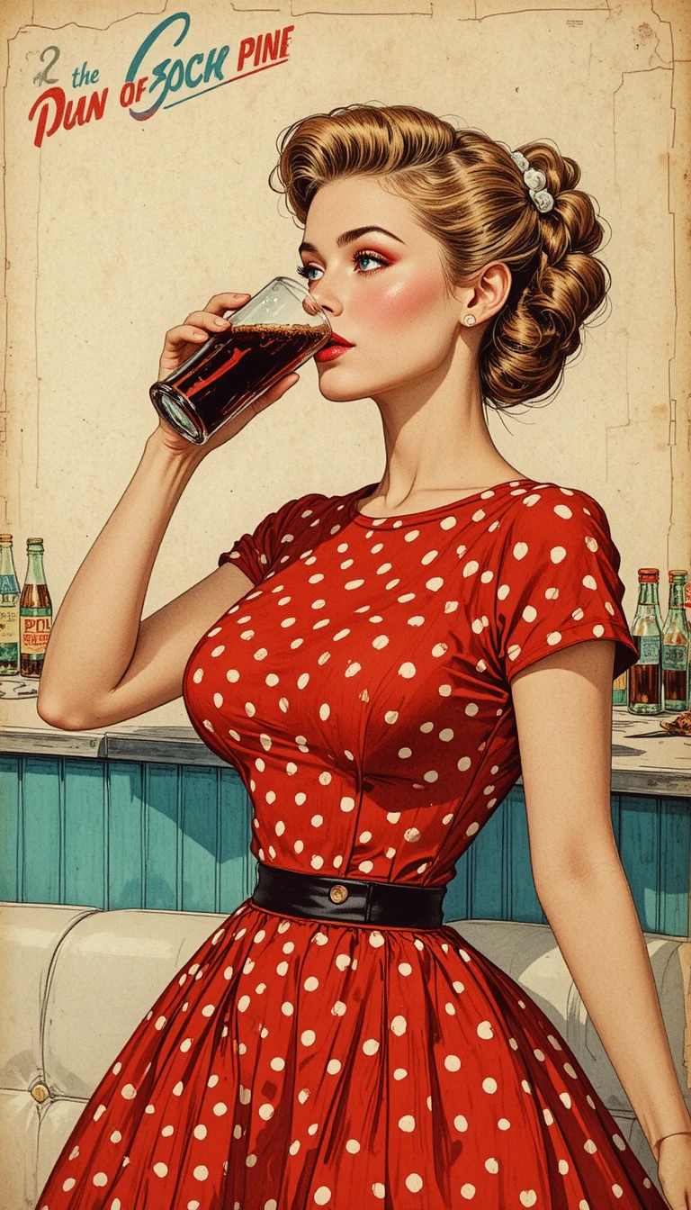 Retro woman sipping cola at a classic diner counter