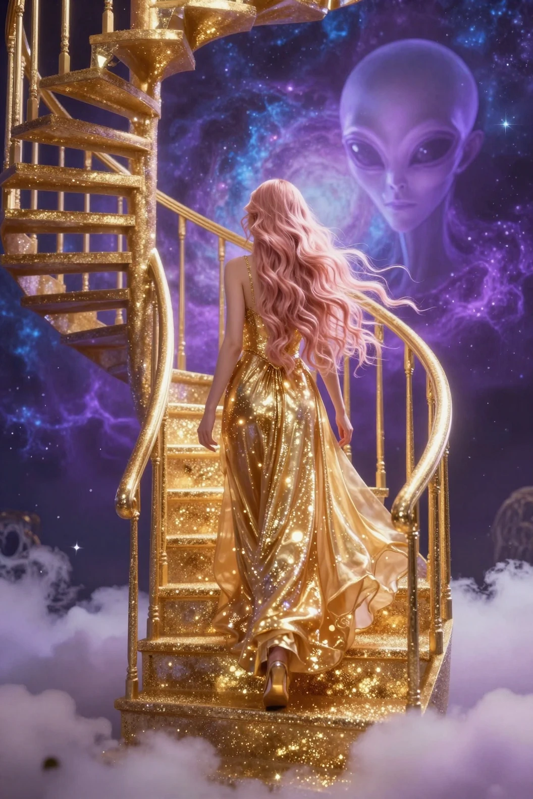 Mulher com vestido dourado esvoaçante em escadaria espiral celestial