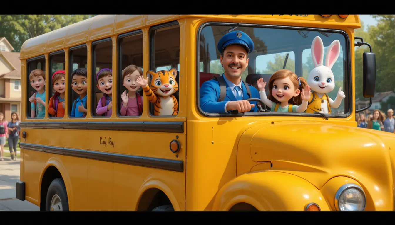 Cheerful school bus of kids driving through suburban neighborhood
