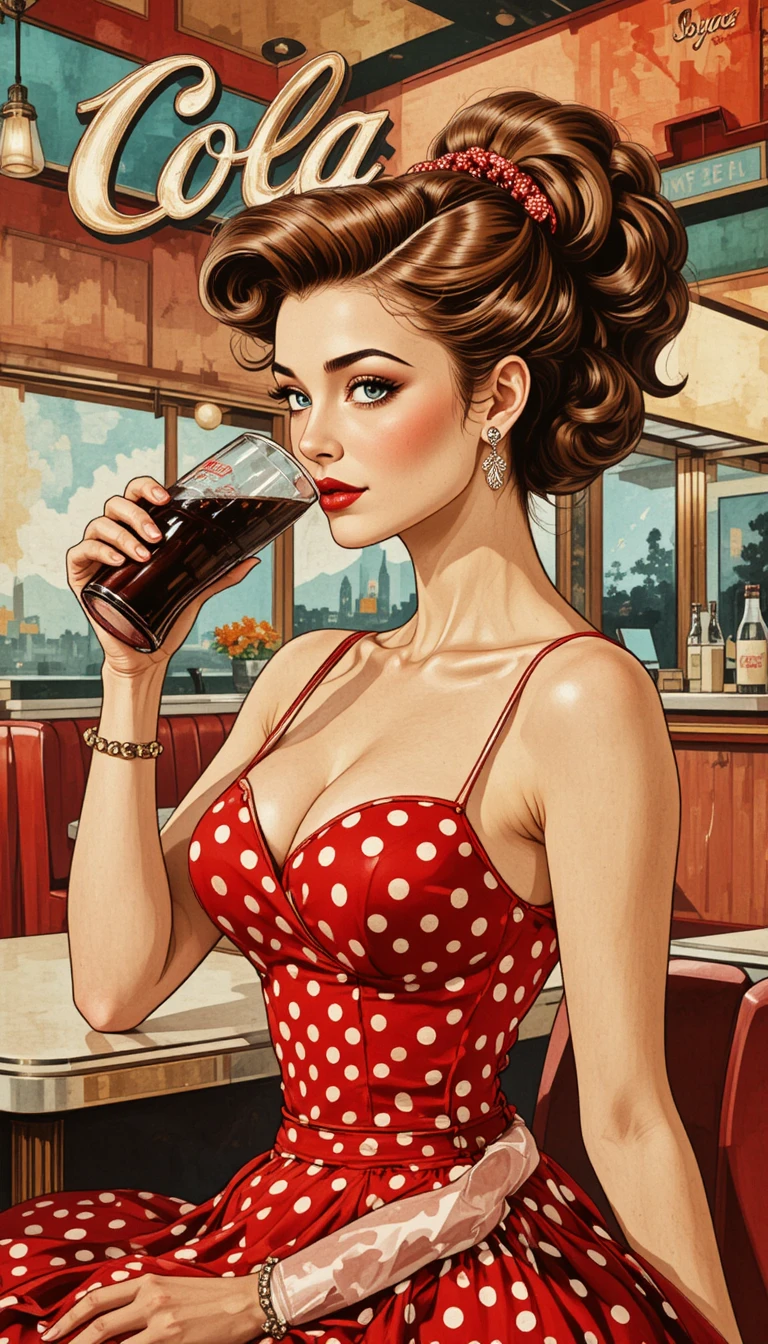 Retro woman sipping cola at classic diner counter