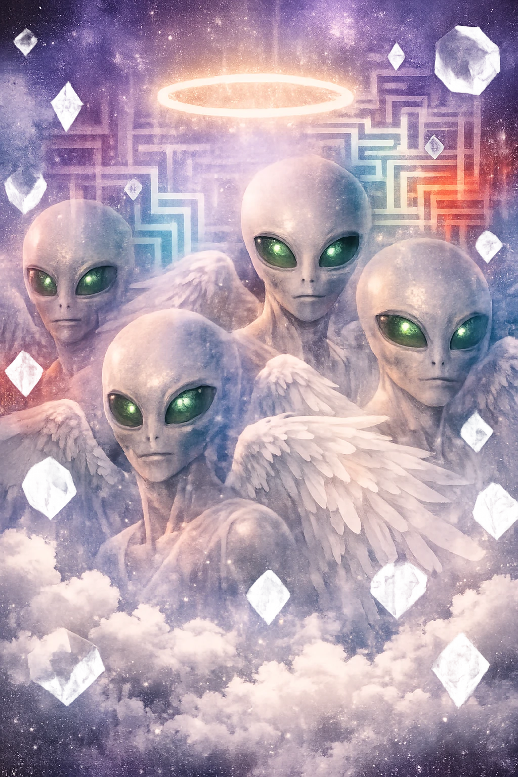 在發光宇宙天空中漸隱的超現實外星天使
