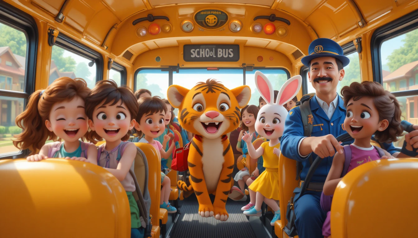 Enfants riant ensemble dans un bus scolaire ensoleillé