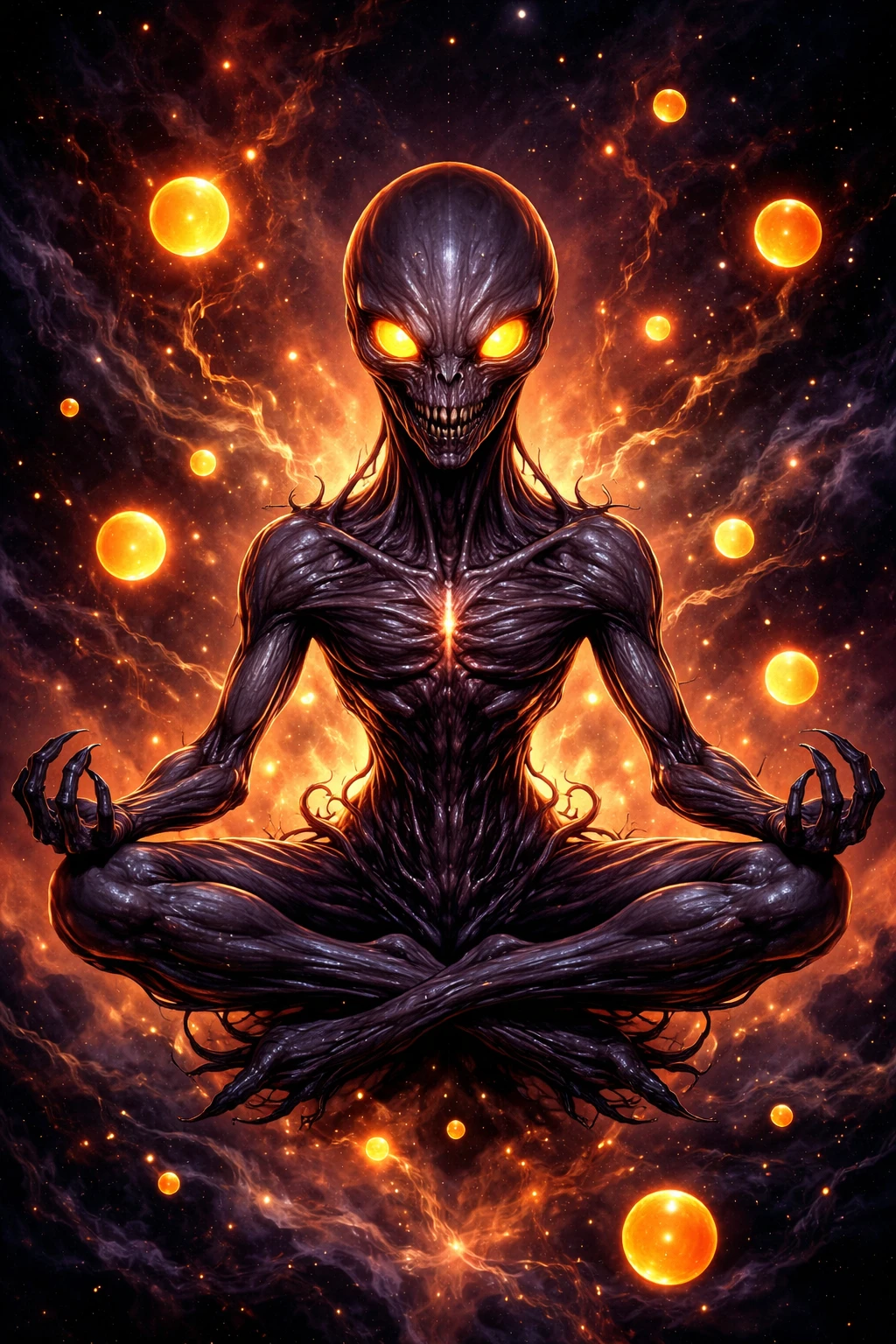 Créature extraterrestre méditant parmi des orbes lumineux dans une nébuleuse cosmique
