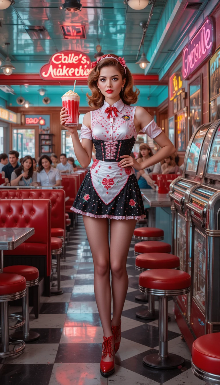1950년대 미국 다이너에서 체리 밀크셰이크를 서빙하는 레트로 웨이트리스