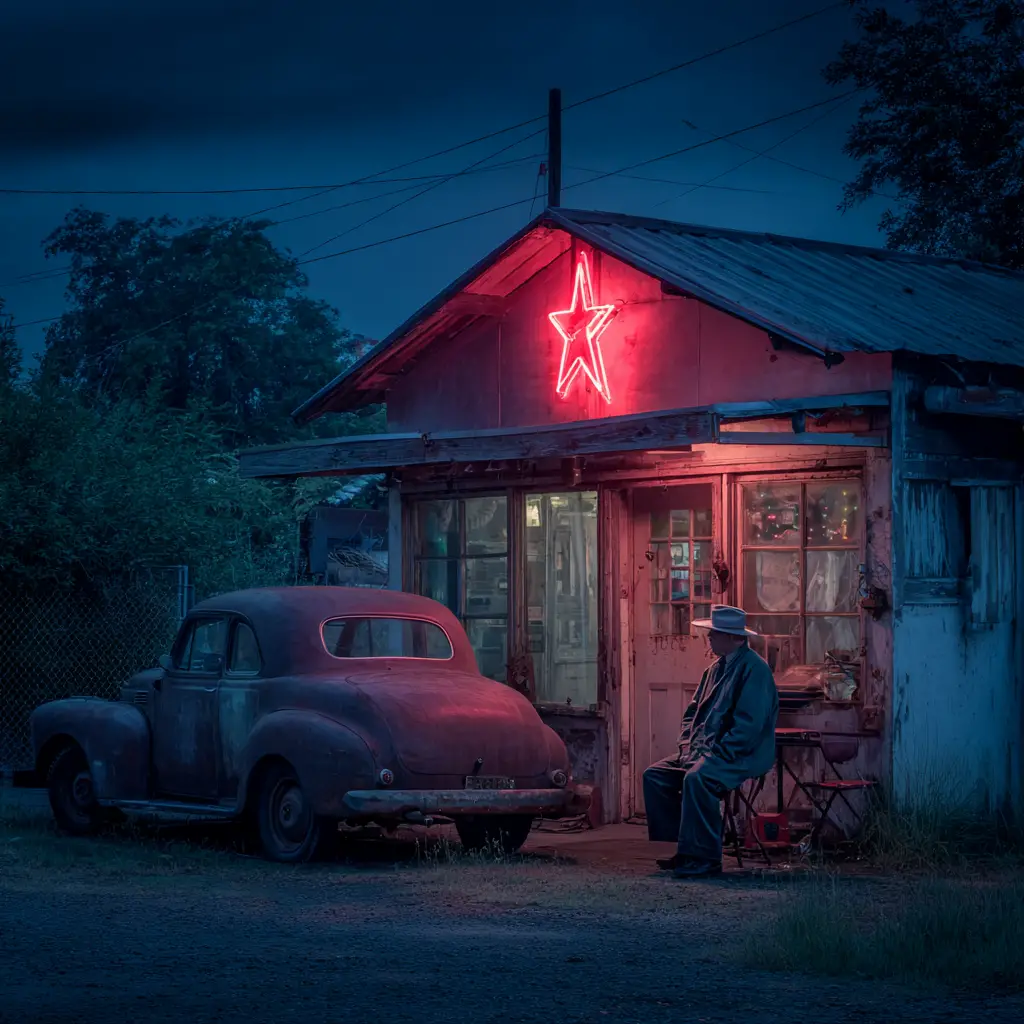 Auto d’epoca arrugginita in una stazione di servizio illuminata da neon inquietanti