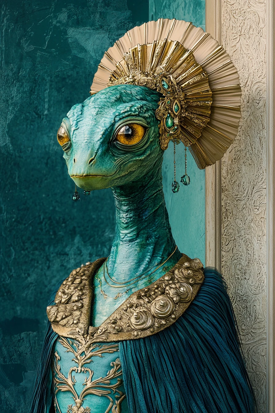 Creatura fantasy verde regale con elaborata corona dorata