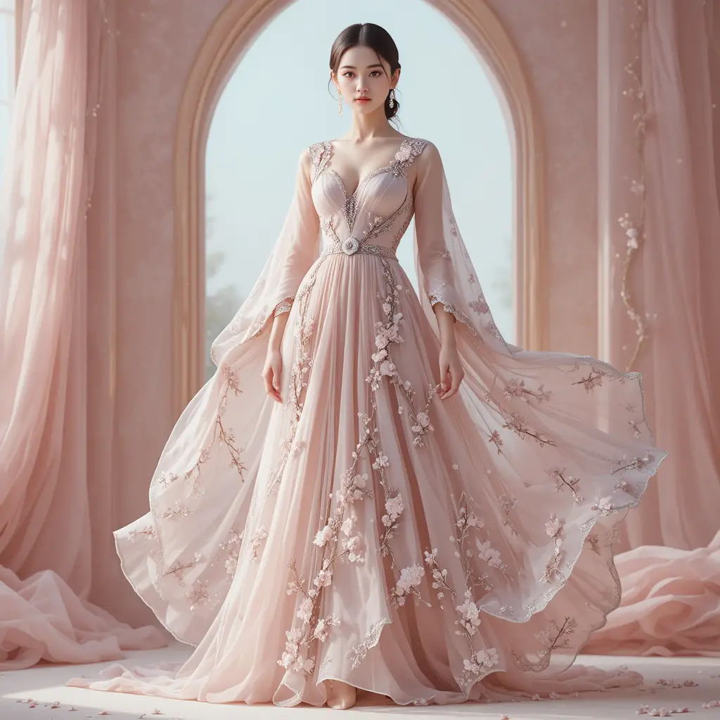 Elegante Frau in pastellfarbener Luxusrobe mit fließendem Rock