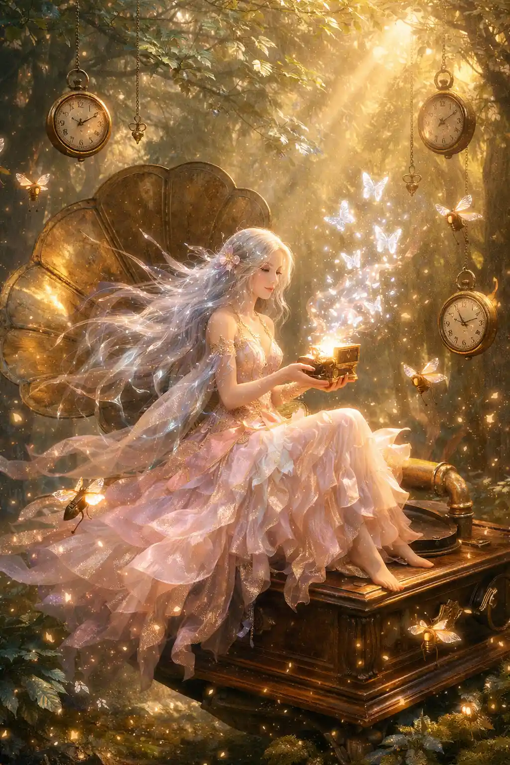 Luminous fairy on a floating gramophone in twilight forest