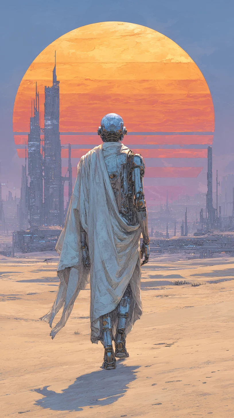 Viaggiatore androide che attraversa un immenso deserto dorato sotto soli surreali