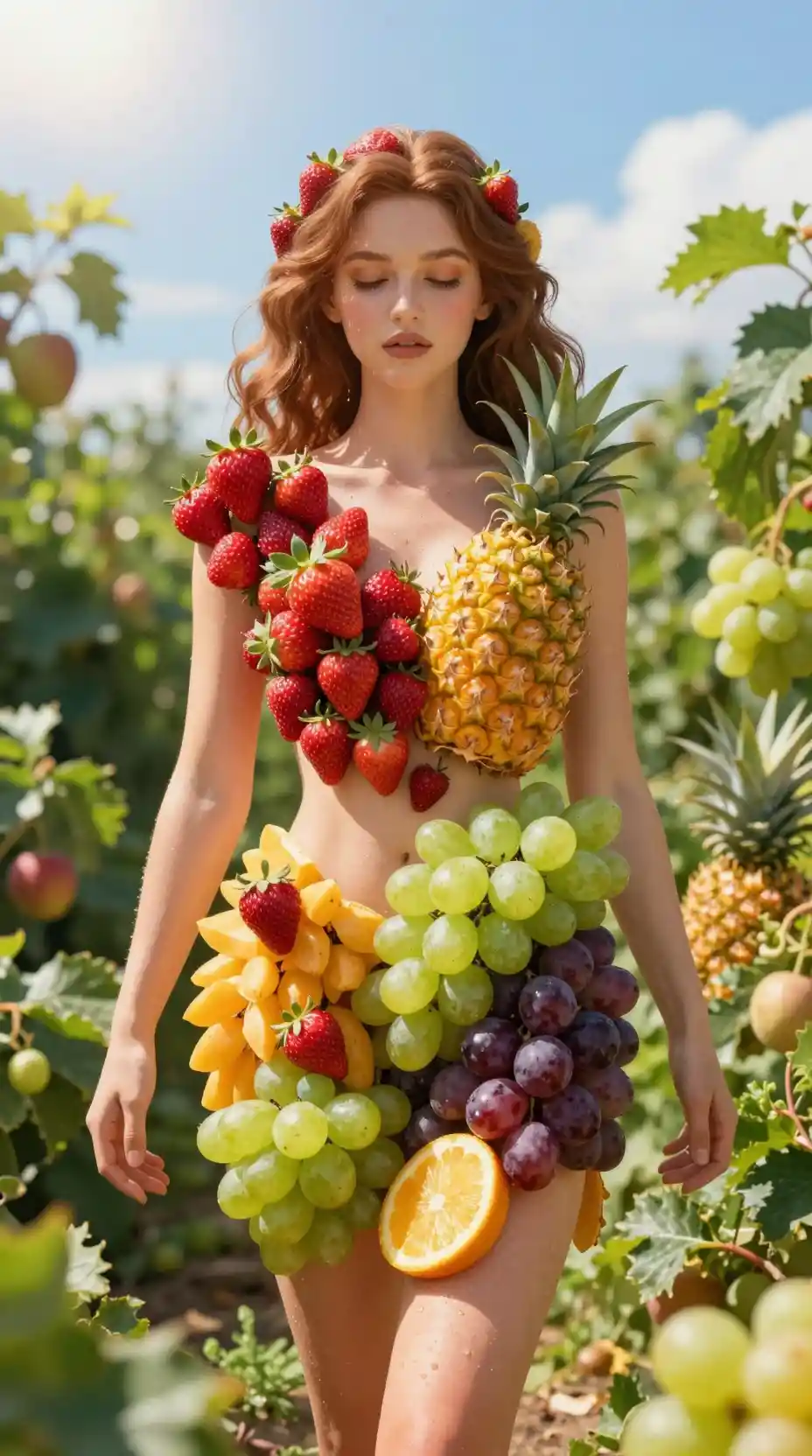 Donna surreale formata da frutti colorati nella natura soleggiata