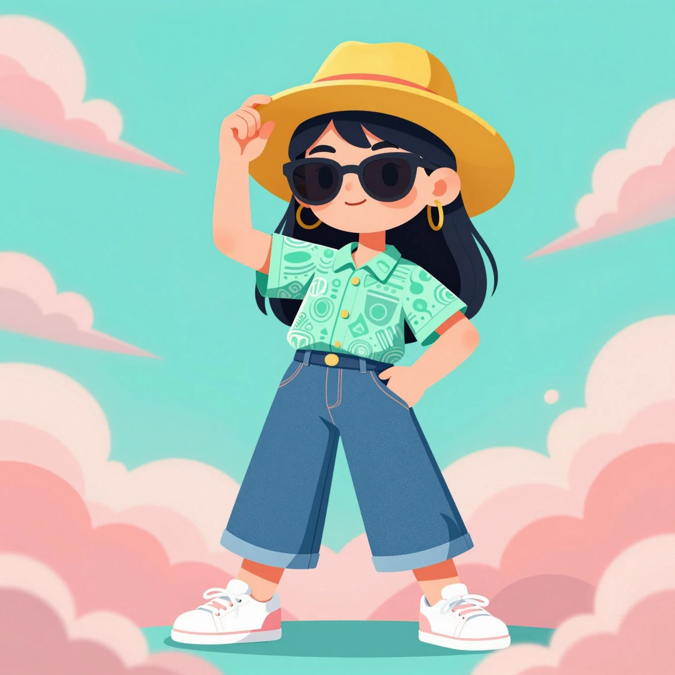 Stylish cartoon girl posing against turquoise and pink clouds