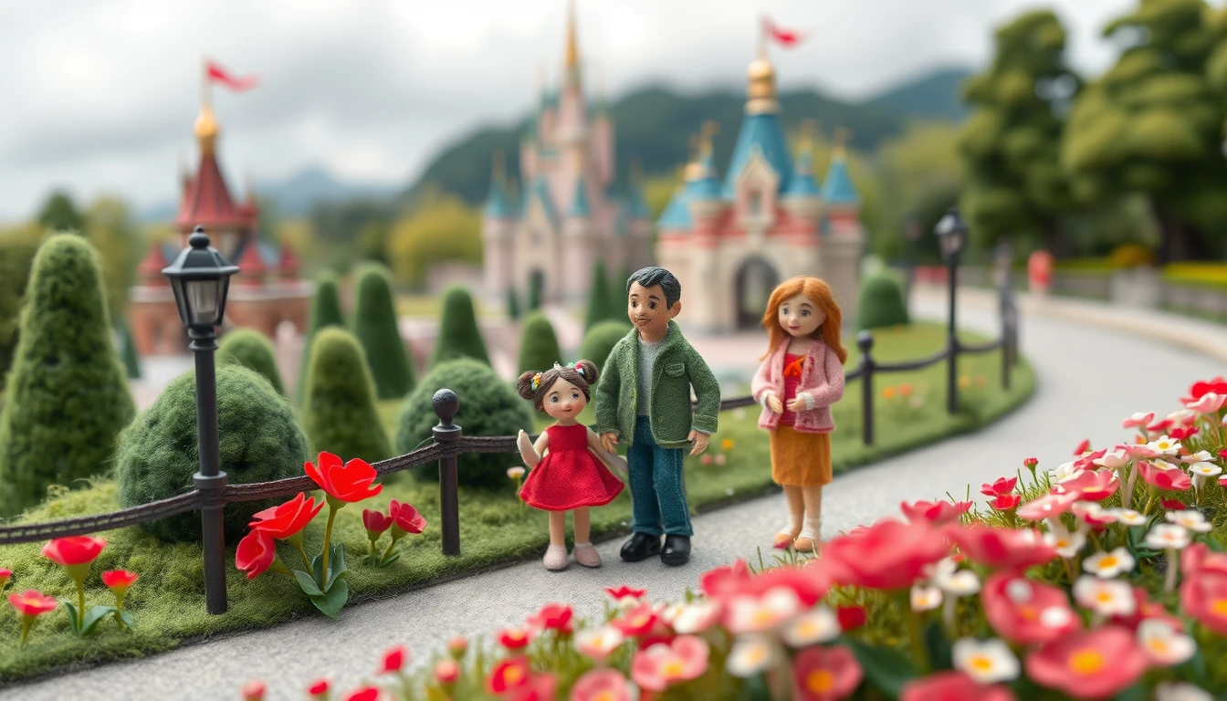 Família de lã feltrada curtindo um parque temático de fantasia lúdico