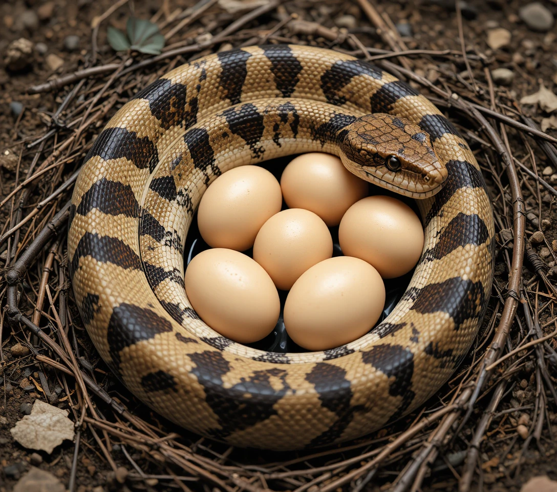 Coiled snake guarding a clutch of eggs on dry ground