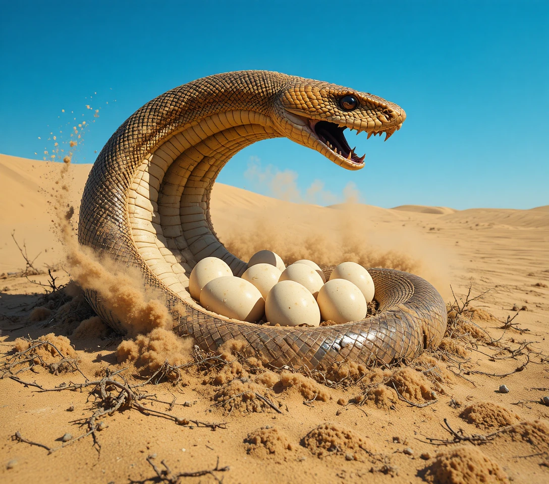 Serpiente Enrollada en Huevos en un Nido Seco del Desierto