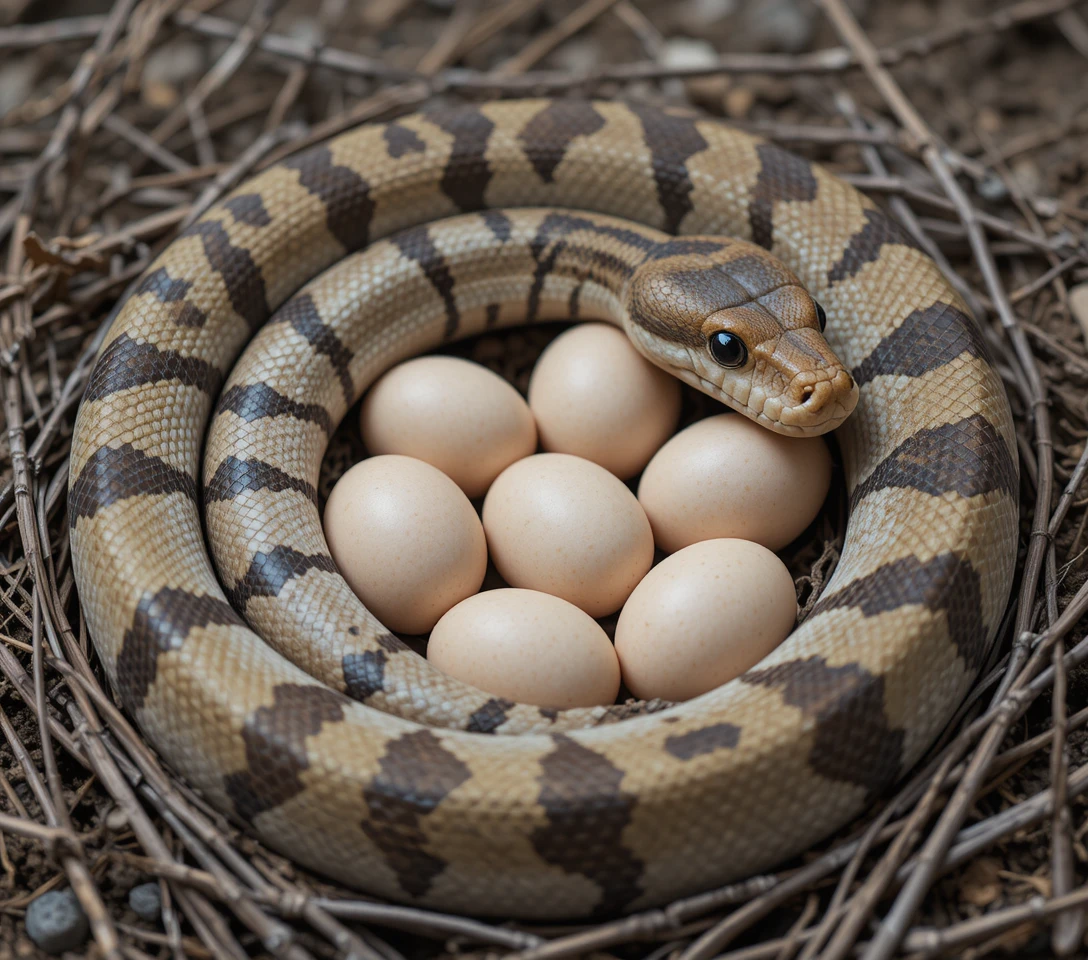 Serpiente enroscada alrededor de una puesta de huevos sobre tierra seca