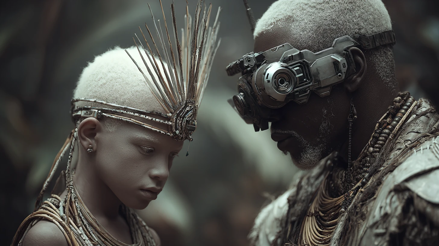 Homem e menino albinos africanos com trajes tribais futuristas
