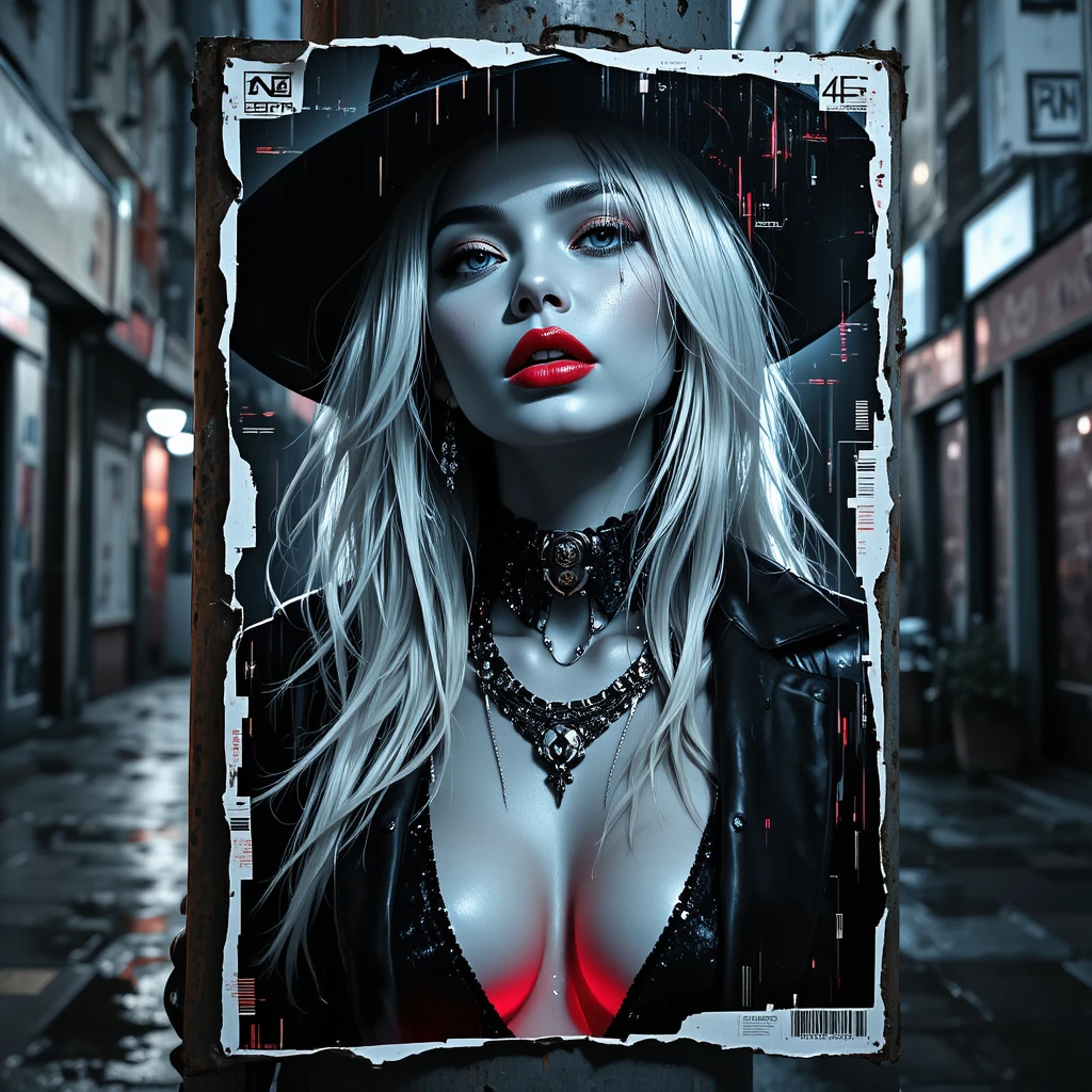 Noir cyberpunk fashion portrait on torn alley poster