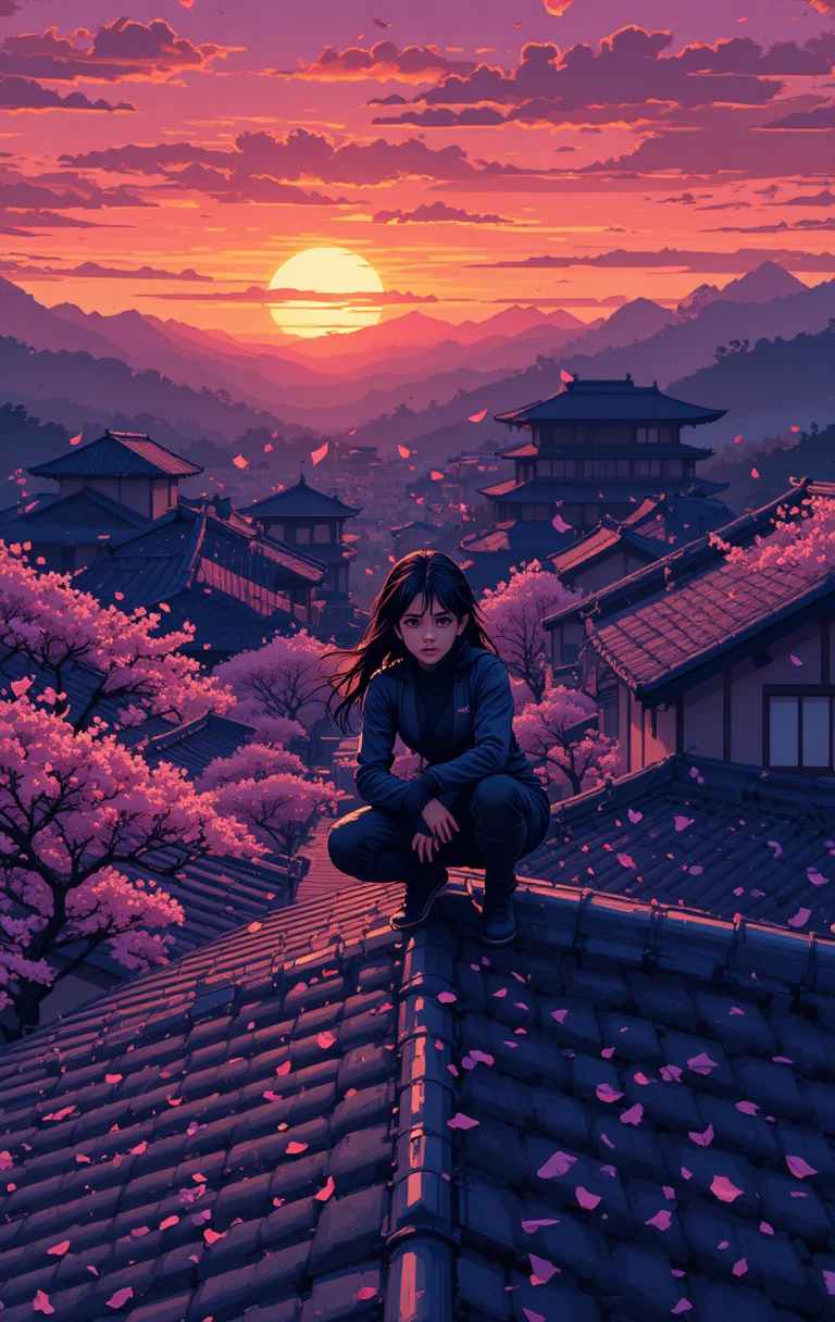 黄昏の屋根の上のアニメ忍者少女