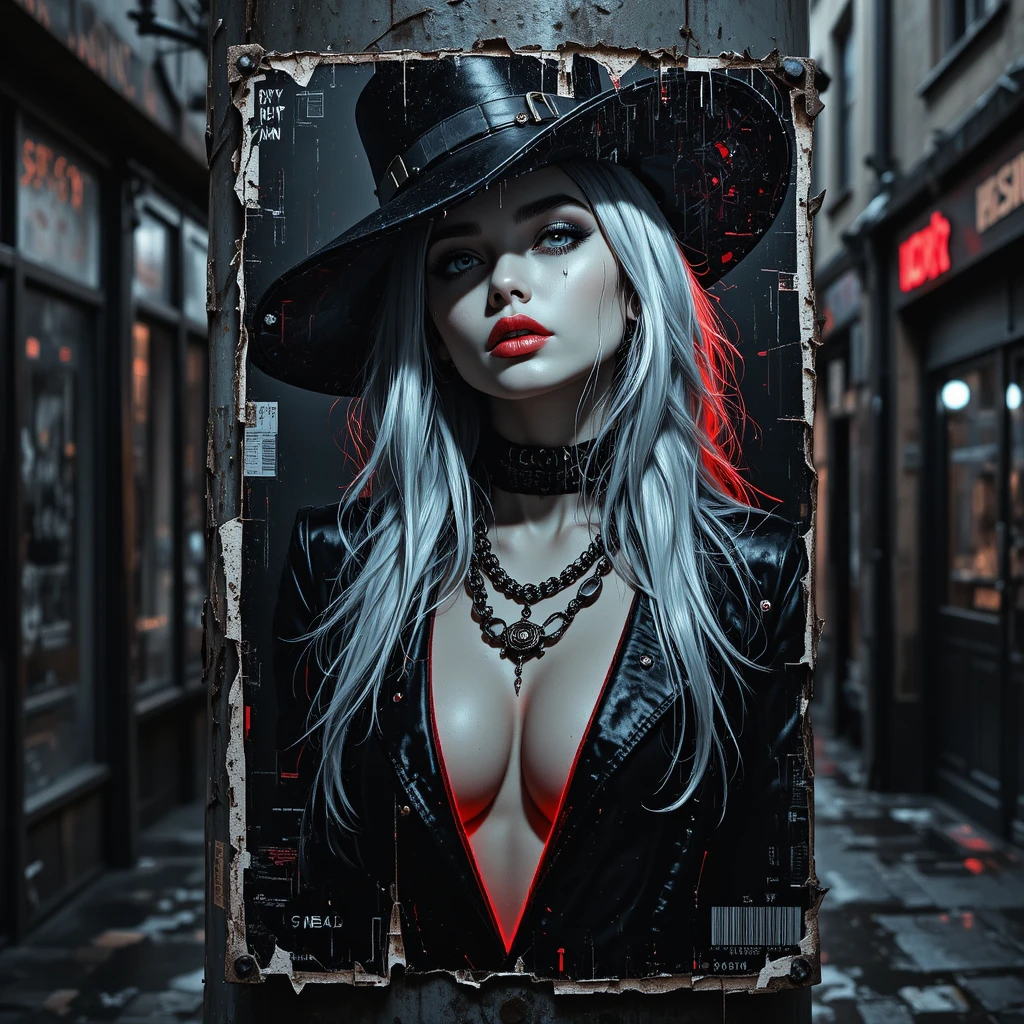 Noir-Cyberpunk-Modeporträt auf einem zerrissenen Straßenplakat