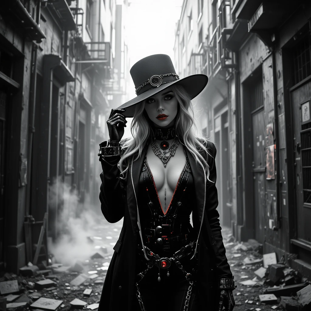 Noir cyberpunk woman in a shadowed industrial alley