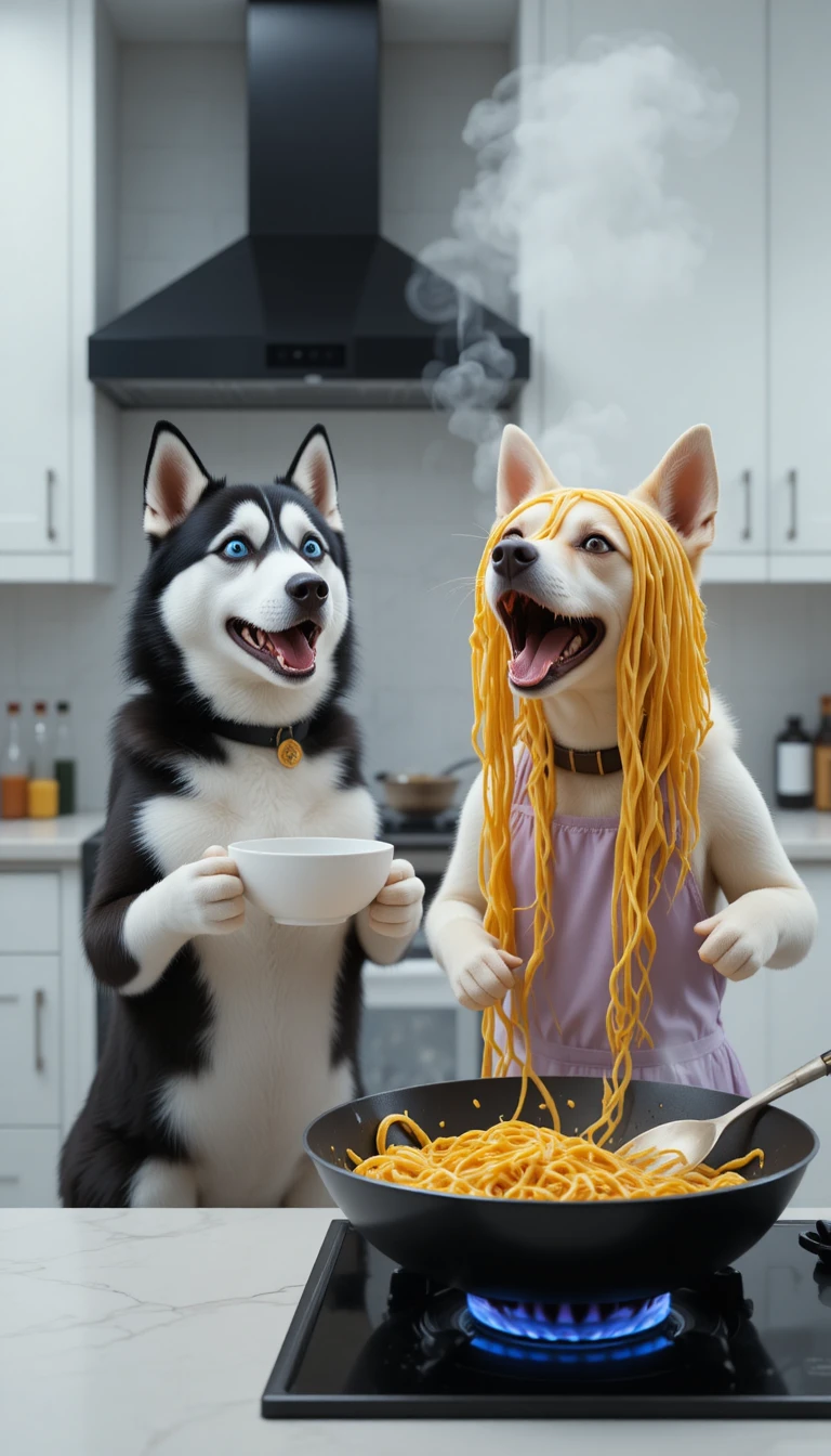 Husky et Bouledogue Cinématographiques Cuisinant Ensemble dans la Cuisine
