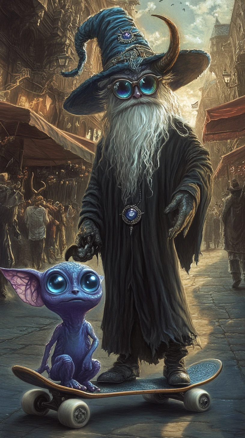 Mago guiando um pequeno alienígena por um mercado medieval