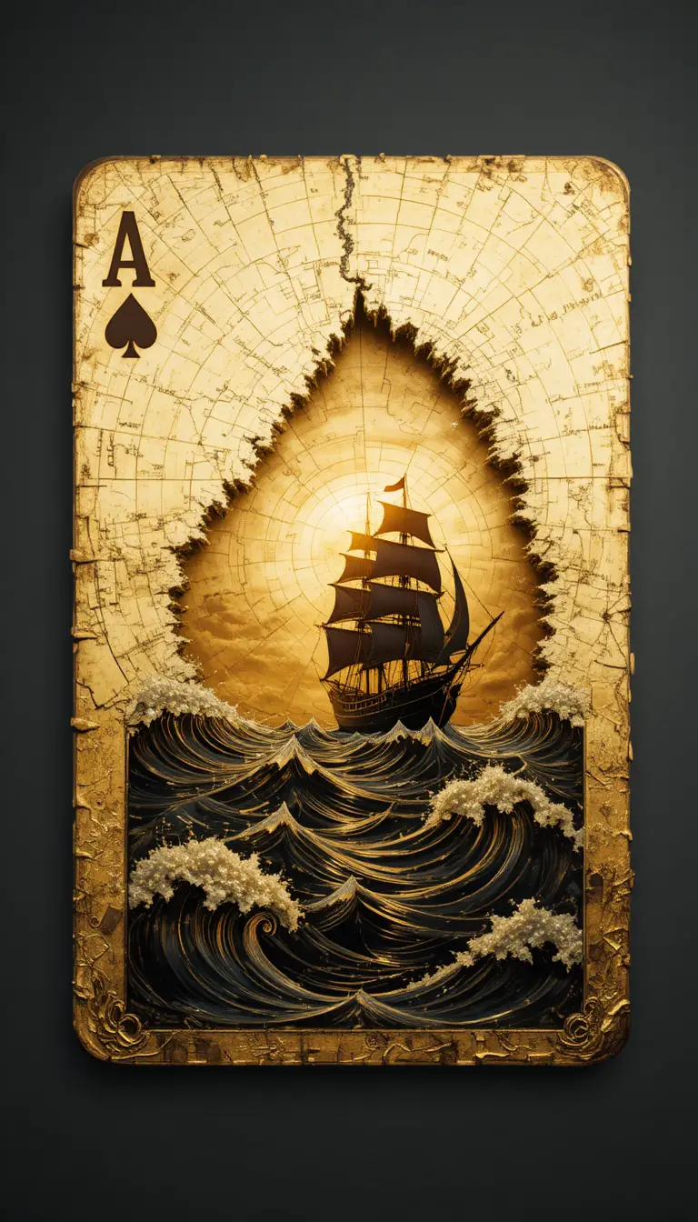 Minimal gold playing card with sea map and pirate ship