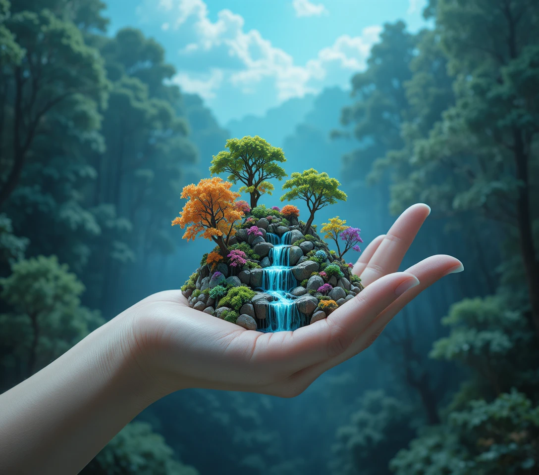 Vista macro di una mano pallida che regge una minuscola foresta