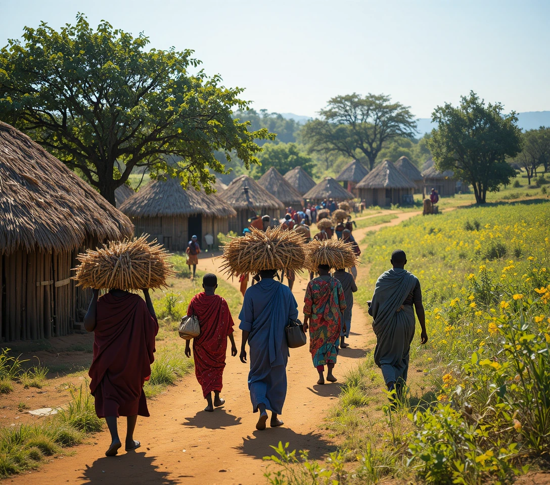 Abitanti di un villaggio rurale africano che camminano lungo un sentiero sterrato soleggiato