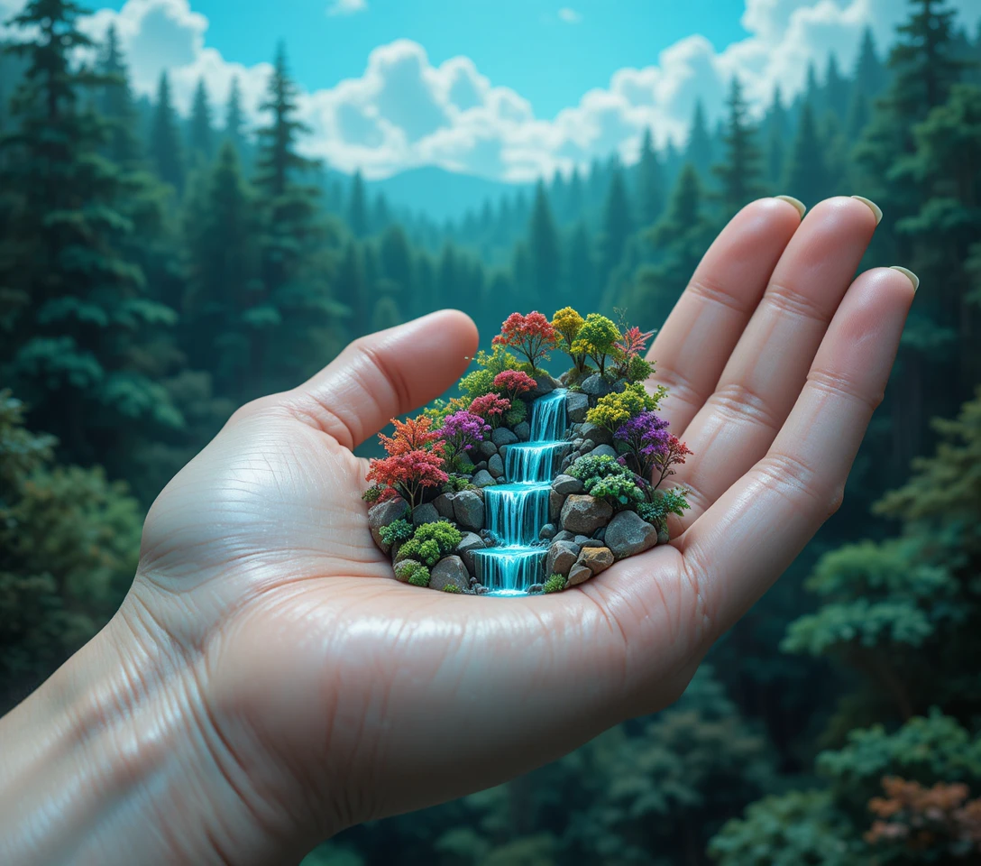 Primo piano di una mano che regge un minuscolo mondo di foresta