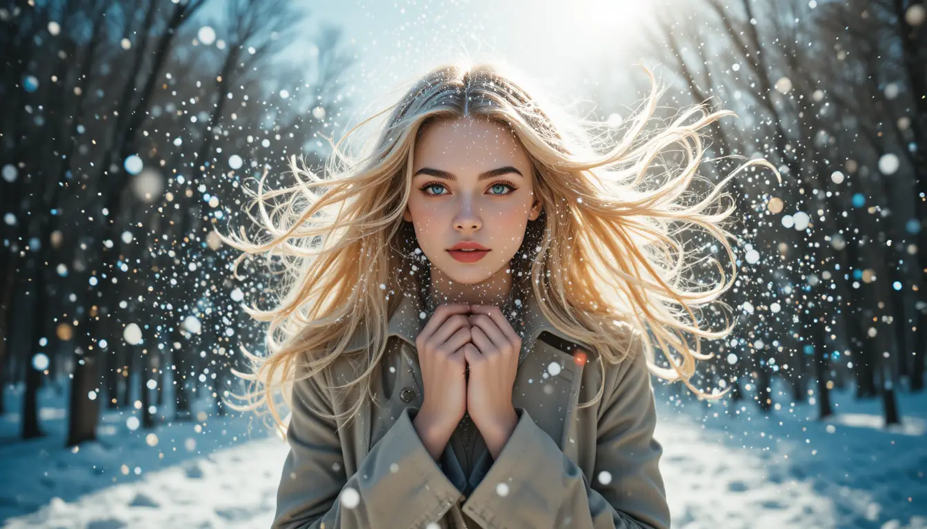 Junge Frau im Trenchcoat mit vom Wind verwehten Haaren im Schnee