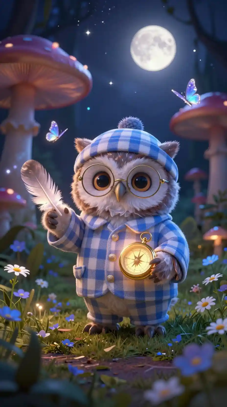 Tiny Owl In Pajamas With Magical Compass At Night