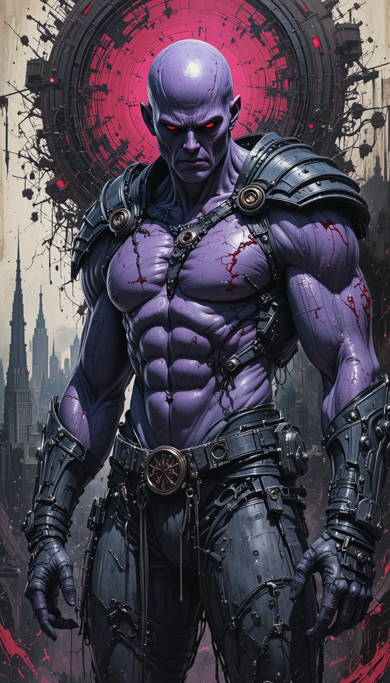 Guerrier en armure violette aux yeux rouges dans un chaos abstrait