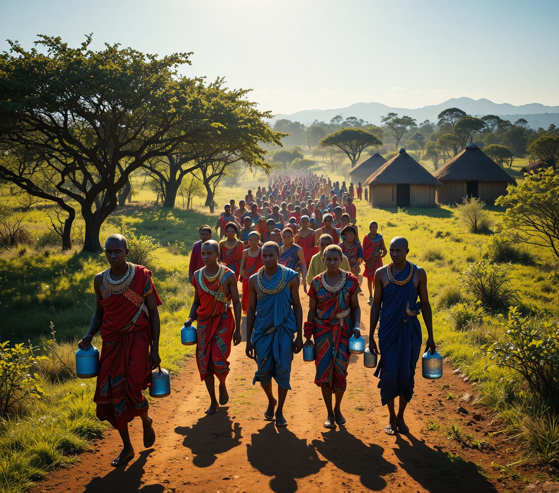 Massai-Dorfbewohner laufen durch ein sonnendurchflutetes ländliches Dorf in Tansania