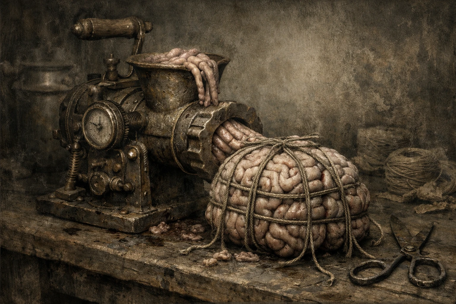 Cérebro surreal saindo de uma máquina de salsicha steampunk