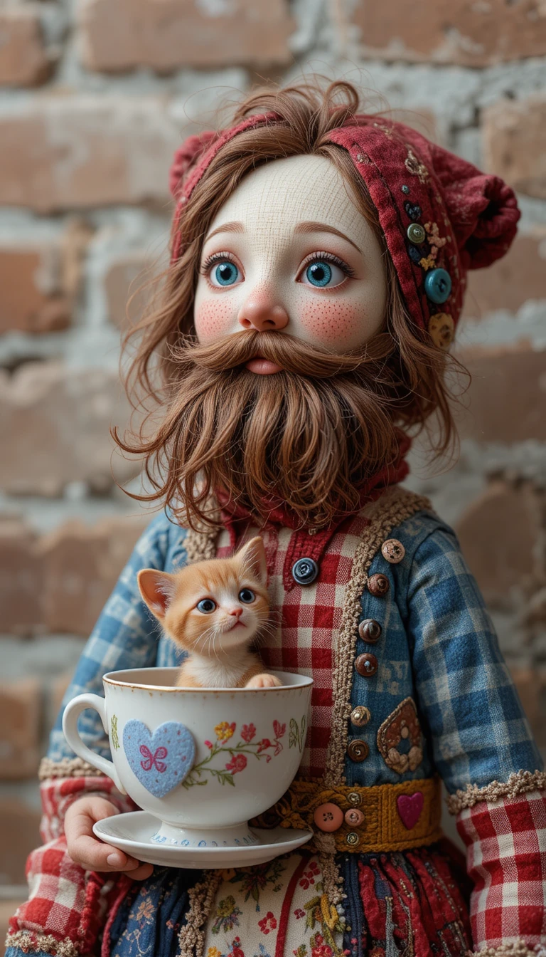 Adorable chaton dans une tasse de thé avec des détails patchwork vintage