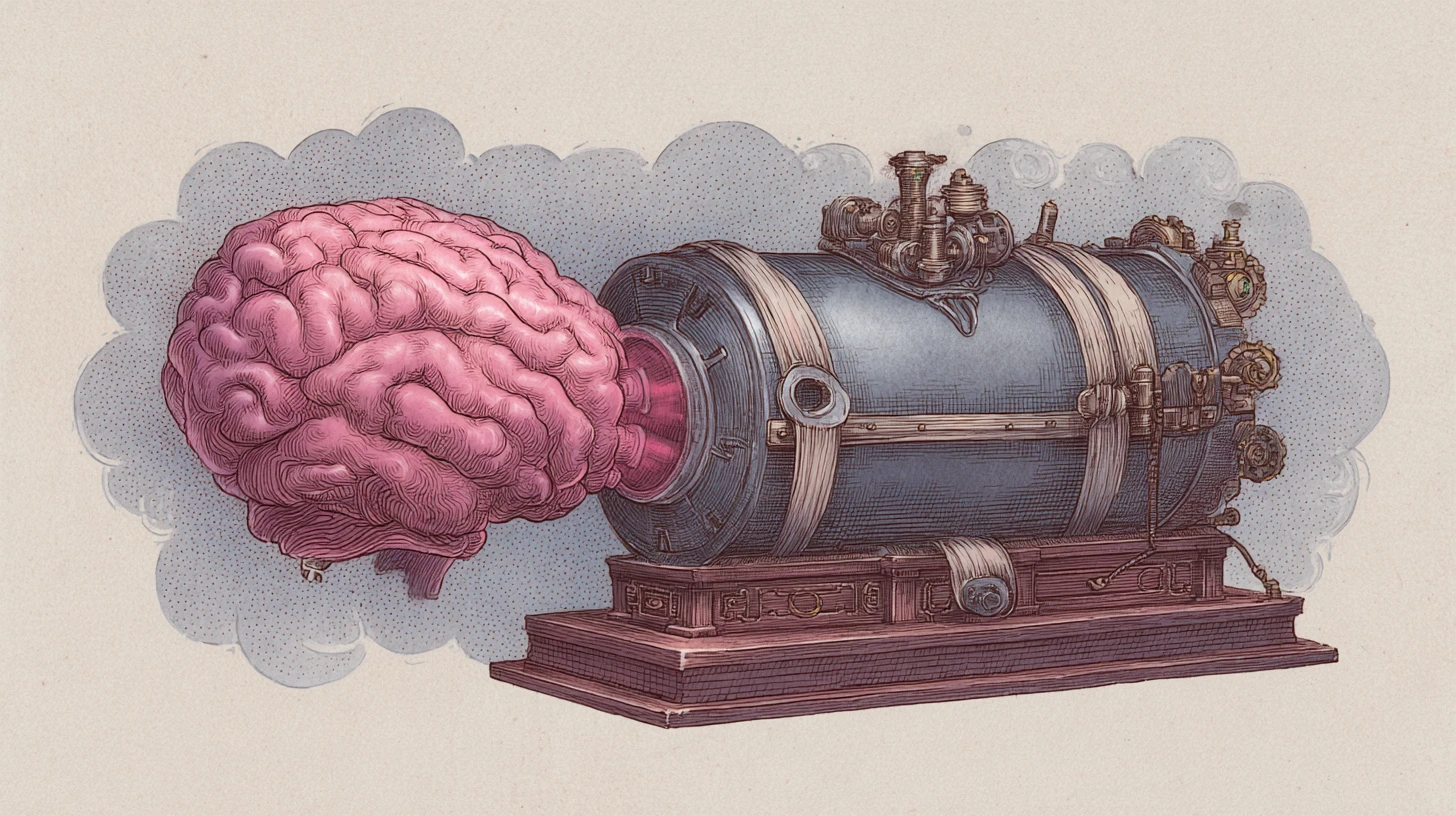 Cerveau surréaliste émergeant d’une machine à saucisses steampunk