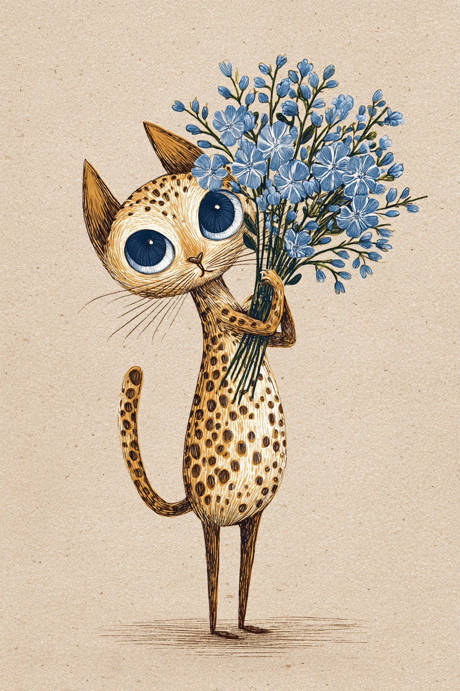 Fofo ocicat com flores azuis em estilo de livro vintage