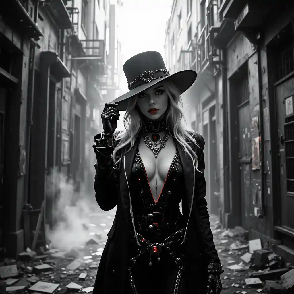 Noir cyberpunk woman in a shadowed industrial alley