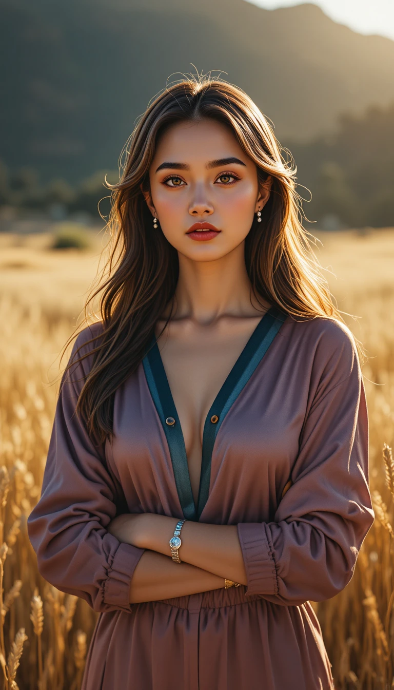 Confident woman in sunlight with cinematic natural backdrop