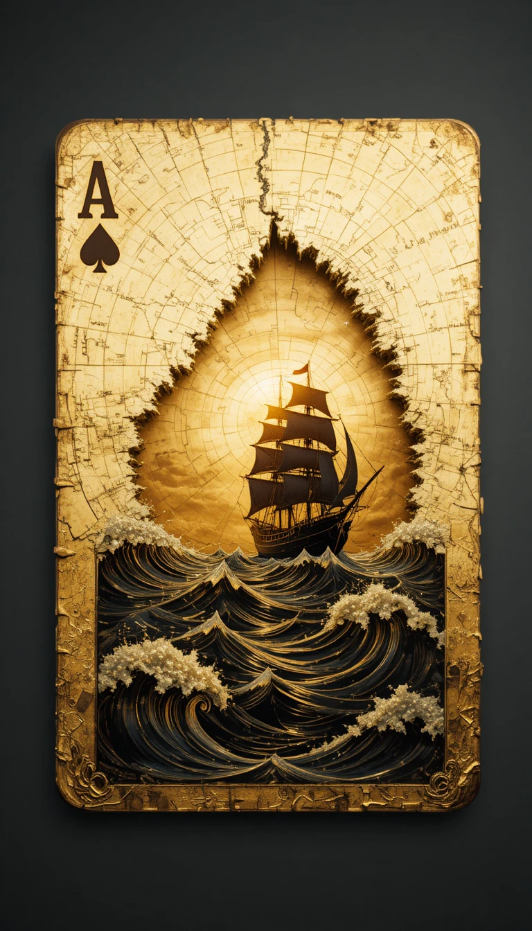 Minimalistische goldene Spielkarte mit Seekarte und Piratenschiff