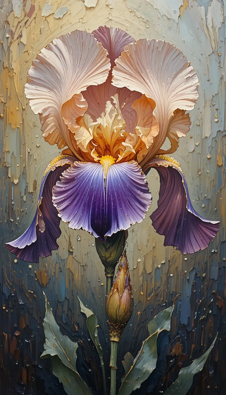 Dipinto a olio di un'iride in fiore con petali luminosi e pieni di rugiada