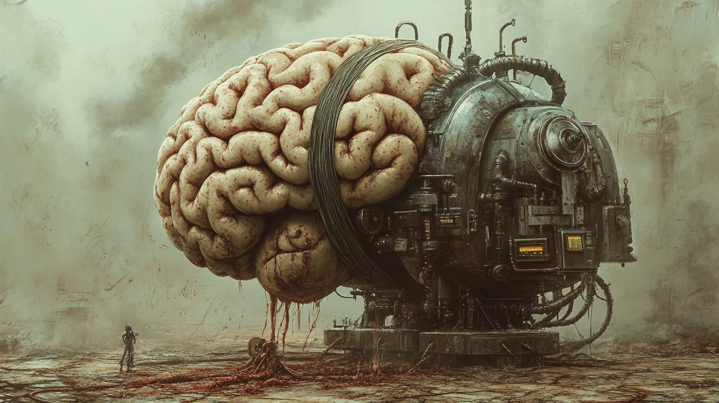 Cérebro surreal saindo de uma máquina de salsichas steampunk