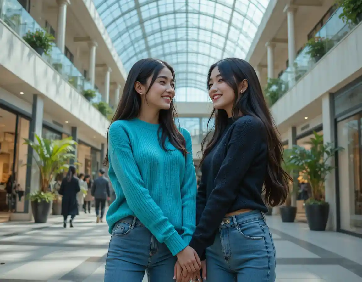 Two young women smiling together in a modern mall