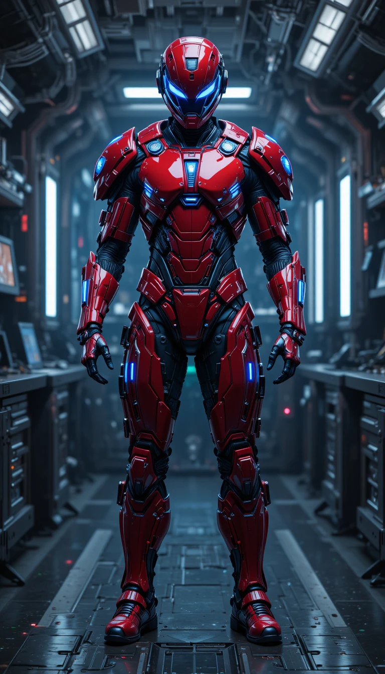 Guerreiro futurista blindado de traje vermelho em laboratório de alta tecnologia