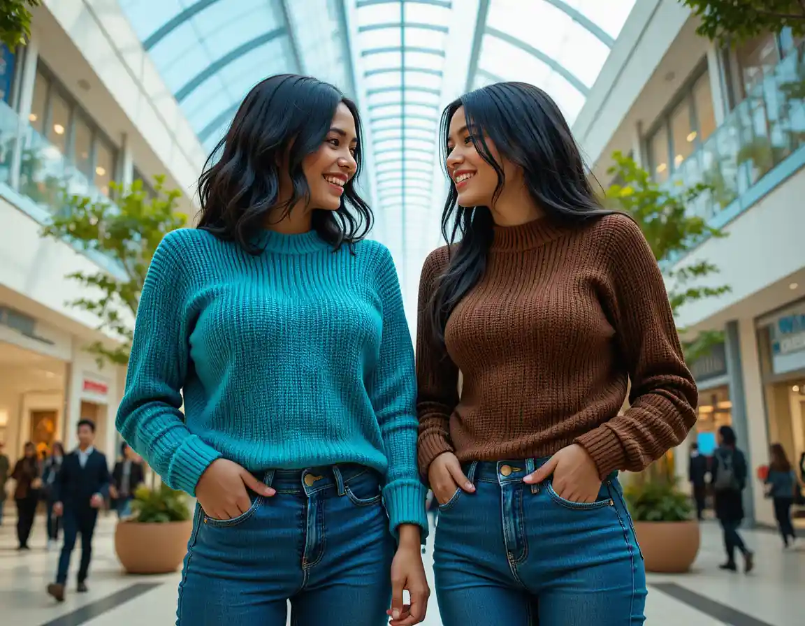 Duas jovens sorrindo juntas em um shopping moderno