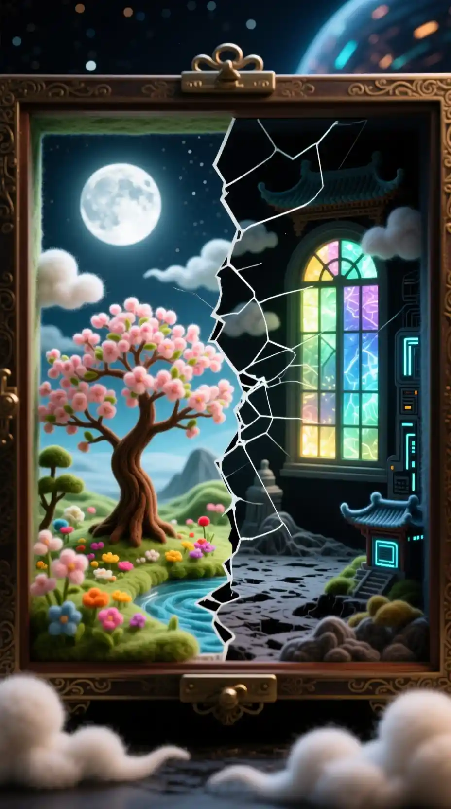 兩個對比奇幻世界的迷你羊毛氈立體場景
