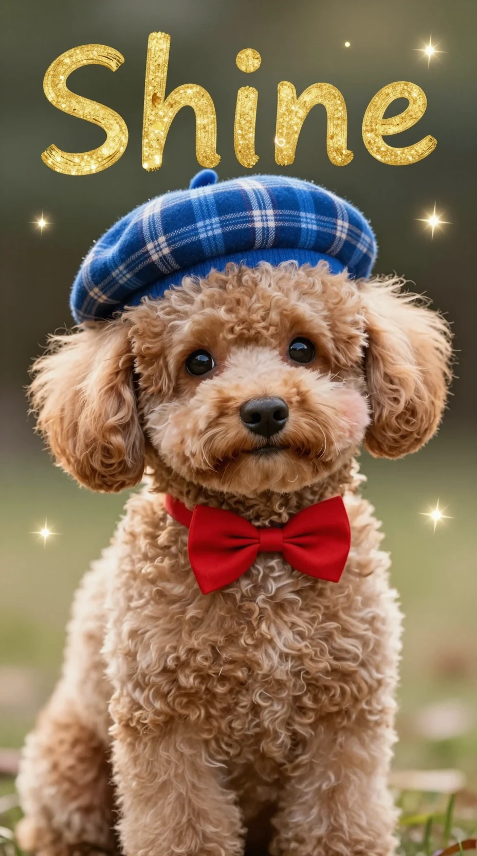 青いベレー帽と赤い蝶ネクタイの不思議なプードルの子犬